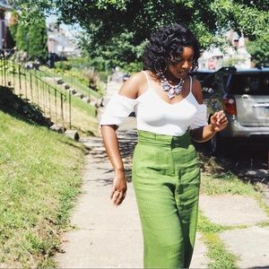 Green pen-striped linen pants